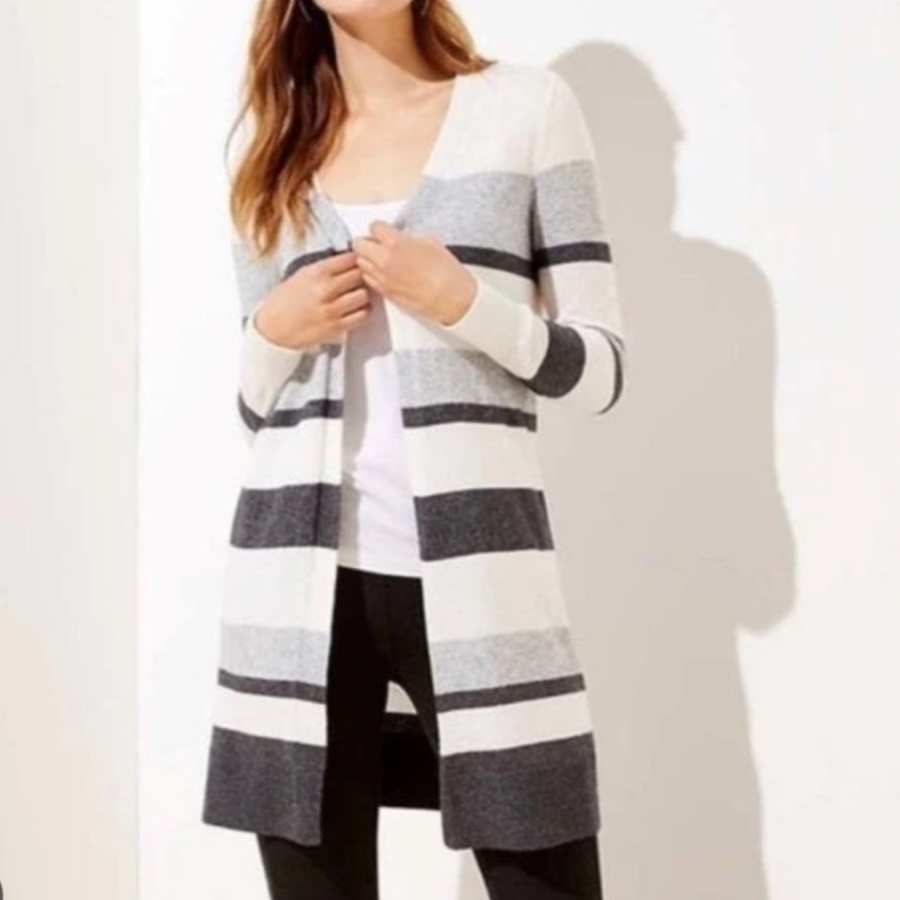 LOFT Colorblock Wool Blend Open Front Cardigan - Gray and Cream